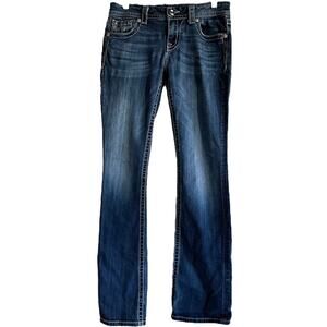 Miss Me Mid Rise Easy Bootcut Jeans Medium Wash Rhinestone Western Blue 28